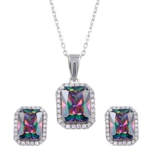 Sterling Silver 925 Rhodium Plated Halo Rectangle Synthetic Mystic Topaz CZ Set